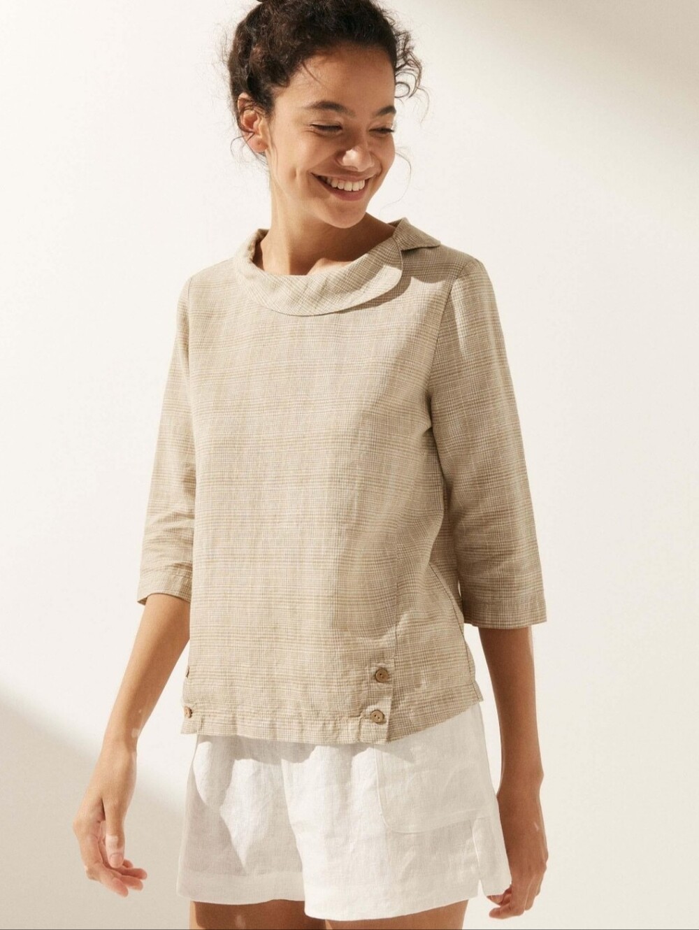 Lintico Laura Linen Top In Beige Check